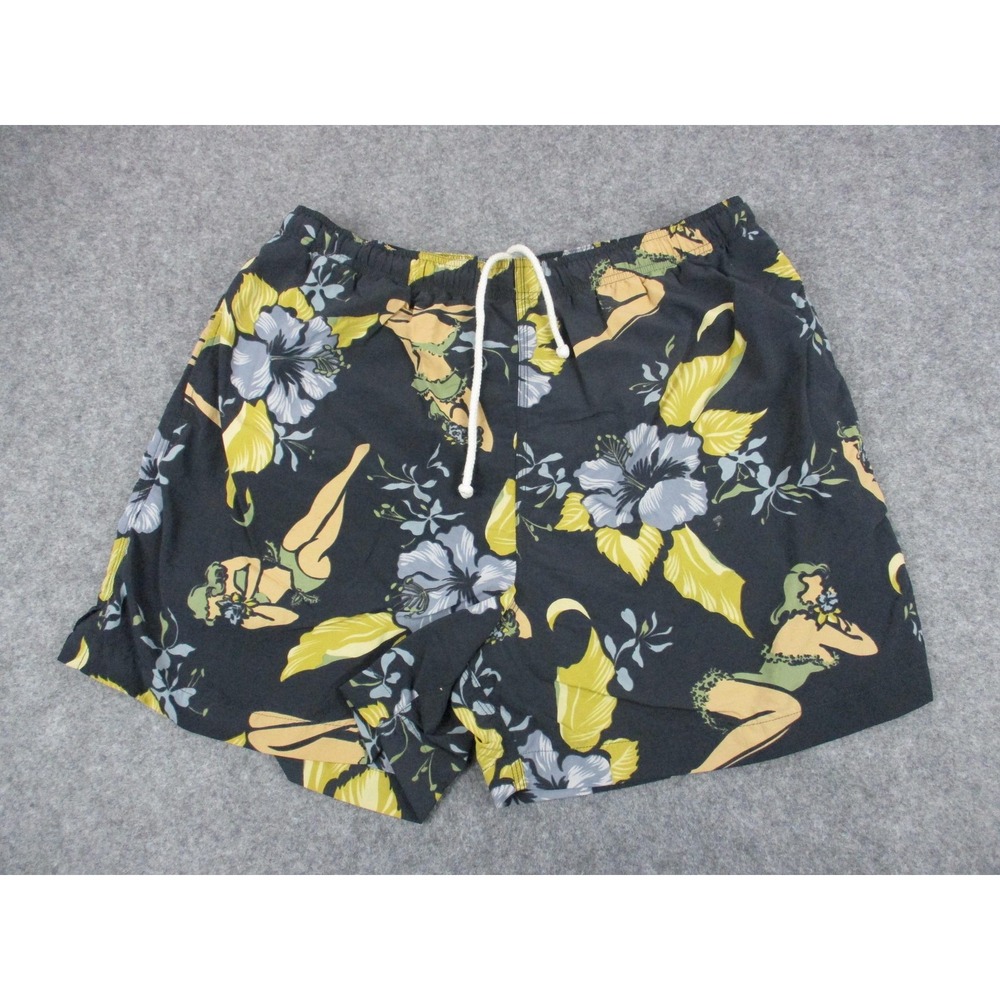 VINTAGE Tommy Bahama Swim Trunks Large Blue Yellow Hula Girl Bathing Suit Shorts